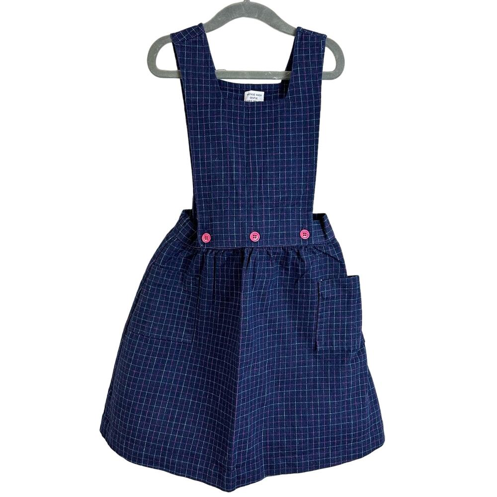 Vintage Girls Sparkle Brand Pinafore Dress Blue Windowpane Plaid 6 6X